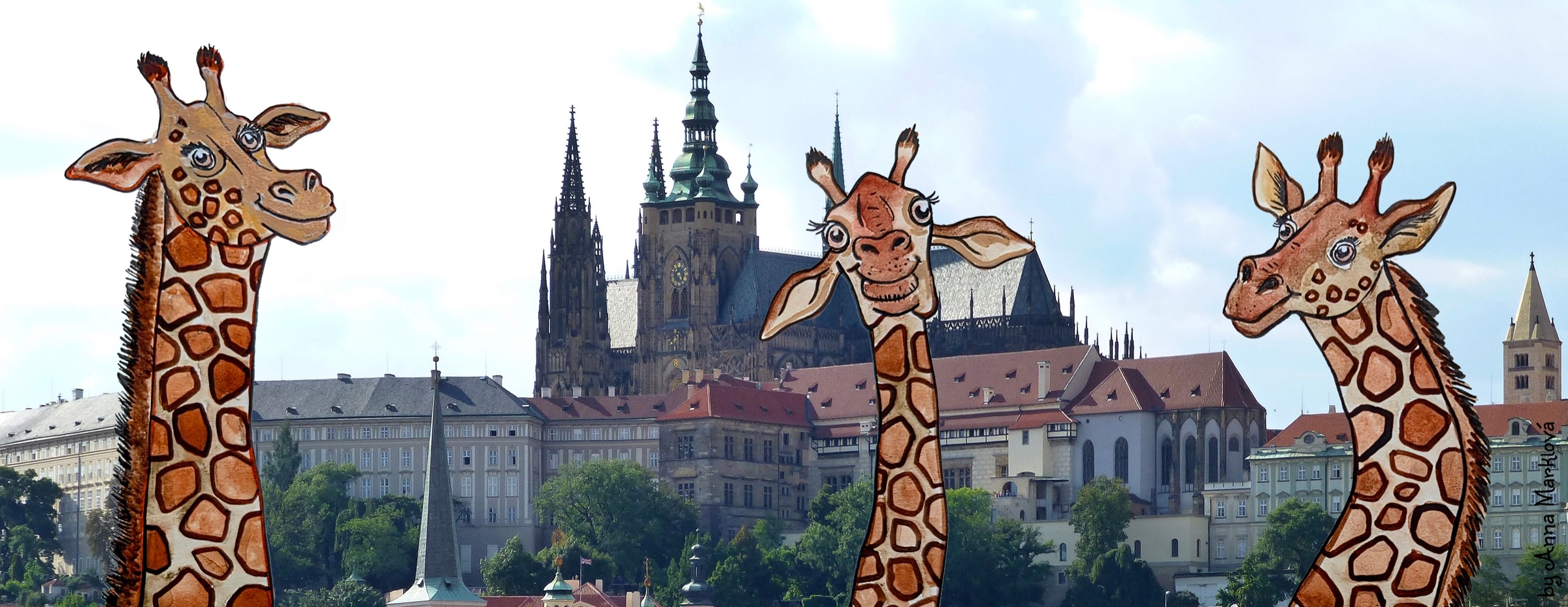 Illustrated giraffes above the Prague skyline